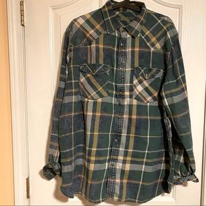 Plaid and denim look button down shirt